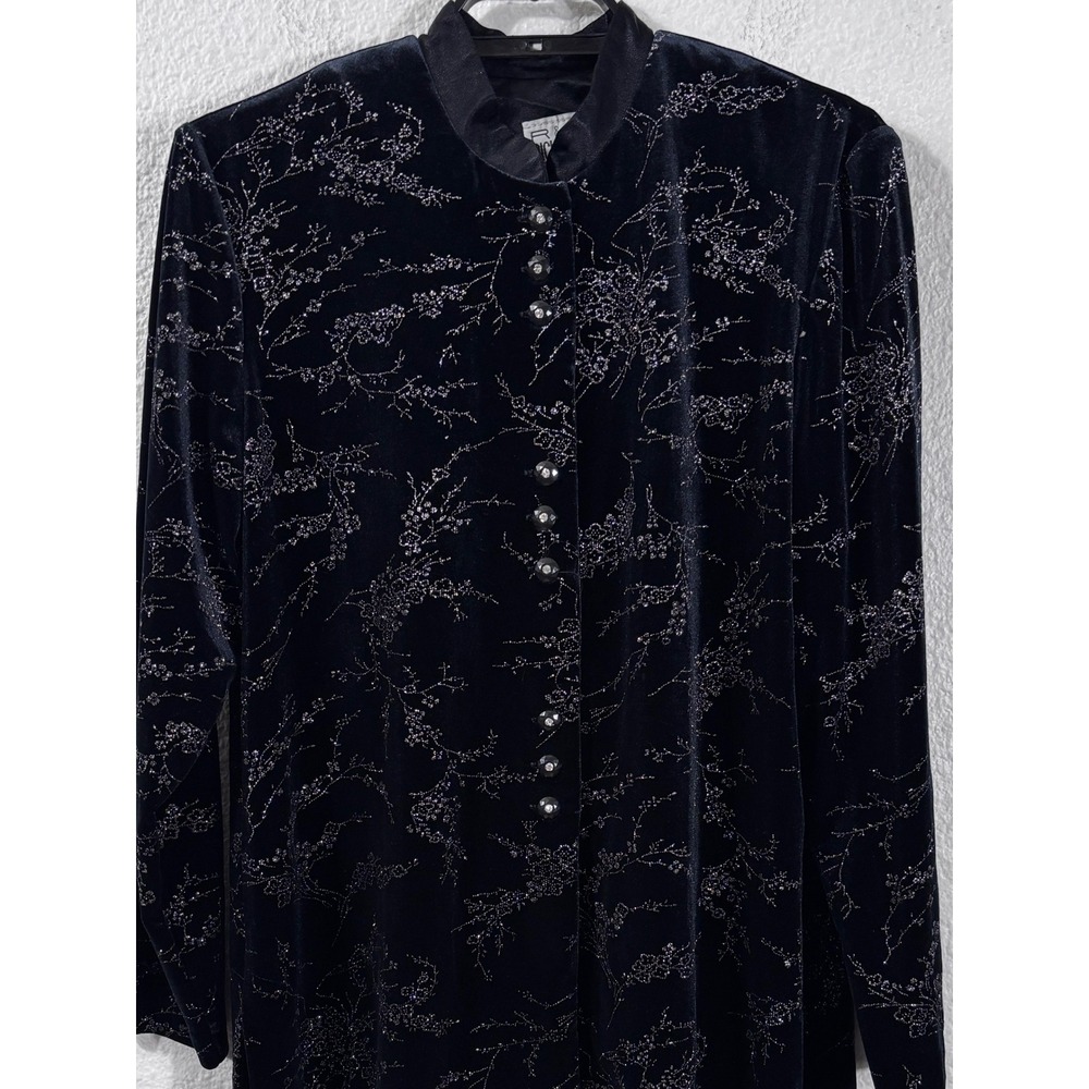 R&M Richards Tunic Top Womens XL Black Vintage Velvet Silver Glitter Floral